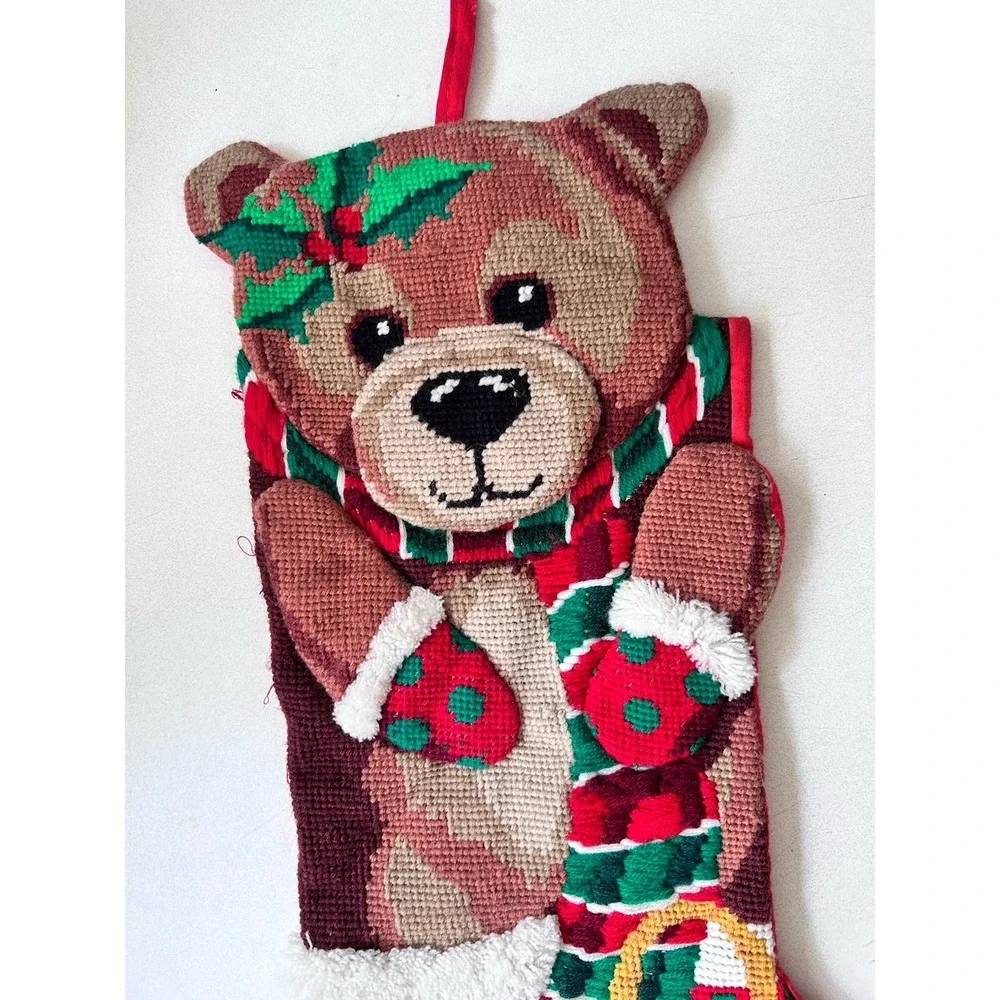 Vintage 2 Handmade Needlepoint Christmas Stockings Nutcracker & Teddy Bear